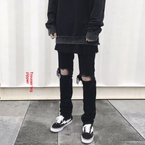 Fog Street Knee Breaking Jeans Mens Trendy Retro Side Zipper Slim Fit Denim Pants Mid Waist for All Seasons