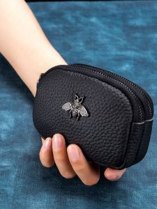 Genuine Leather Coin Purse Womens Double Zipper Mini Handbag Cute Coin Wallet Top Layer Cowhide Hard Coin Bag