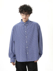 Woostop | American Retro Blue Plaid Long Sleeve Shirt Mens Outerwear