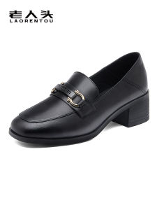 Comfortable Leather Loafers Womens Single Shoes Breathable Medium Heel Square Head Fashionable Casual Shoes for Mothers