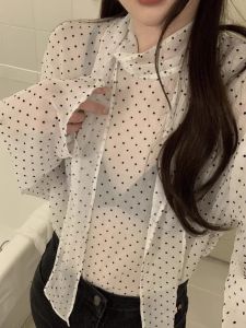 Korean Style Polka Dot See through Shirt Collared Design with Sash Versatile Long Sleeve Womens Spring Summer Blouse