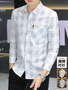 Fall 2024 Long Sleeves Gingham Shirt Mens Cardigan Outwear Silk K-style Trendy Casual Business City Shirt