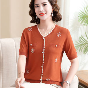 Ice Silk Loose Short Sleeve T-Shirt for Mom Summer Fashionable Thin Womens Shirt V-Neck Single Button Pure Color Casual Top