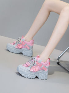 Zhendiwang Dad Shoes Female Casual Niche Style 10cm Leather Mesh 2023 Spring and Summer Breathable Thick Sole Shoes with Hidden Heels