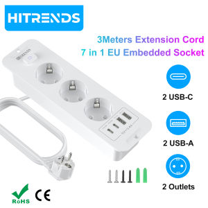 HITRENDS EU Embedded Power Strip with 3m cable Desktop built in Socket with 2 USB 2 Type C Fast charge Multi-Contact Outlet