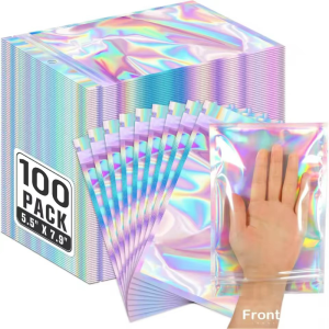 100pcs Holographic Bags Resealable Smell Proof Bags Foil Pouch Zip Bag for Party Favor Food StorageCandy & Jewelry Packaging