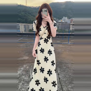 Homecore | French Elegant Floral Print Slimming V-Neck Long Dress Womens Summer Fashion Casual City Commute Outdoor Travel Streetwear