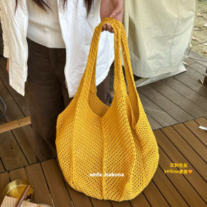 Hand Knitted Tote Bag Hollow out Design Spring Summer Casual Beach Style Cotton Material Large Size Shopping Bag Shape