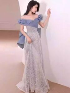 Off-Shoulder Blue Glittery Evening Gown