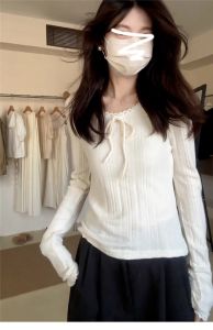 HUOLISI | Bow Long Sleeve Slim Fit White Sweater