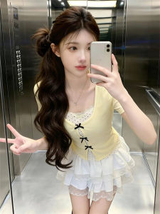 GUZILIAN | Dopamine-Boosting Miu-style Yellow Two-layer Bow T-shirt Summer Short Sleeve