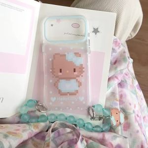 Sanrio | Ins Cute Pixel Hello Kitty Polka Dot Phone Case With Blue Bead Wrist Strap Pendant Shockproof Cover For iPhone 16 15 17 Pro Max
