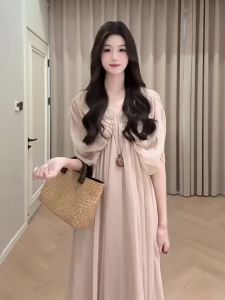 CHANGTONG | Elegant V-Neck Chiffon Long Dress