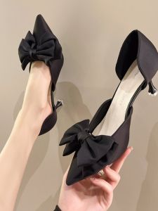 Elegant Butterfly Knot Pointed Toe Flat Heel Shoes Gentle Fairy Style for Spring Summer PU Material Low Rubber Sole