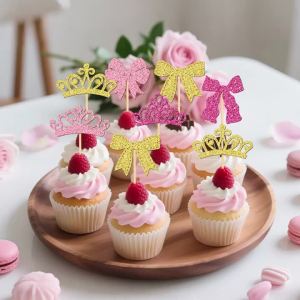 YOMDID 24Pcs Elegant Cupcake Toppers Crown and Bow Cake Decoration Princess Cupcake Picks For Birthday Wedding Cake Decorations