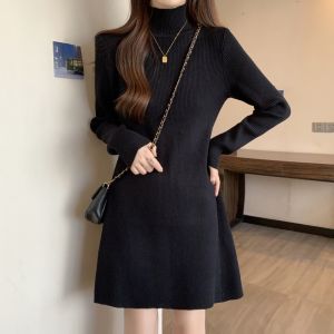 Slimming plus Size Womens Knitted Dress Half High Collar Long Sleeve Autumn Spring Cotton A-Line Mini Dress for Commute