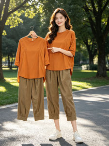 Shalldoer | Slimming Oversized Short Sleeve Shirt Harem Pants Suit 2pcs