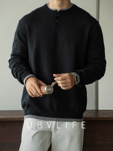 UBV | Wool Lyocell Blend 12-Gauge Colorblock Faux Two-Piece Long Sleeve T-Shirt Henley Neck