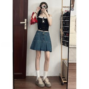 กระโปรงสั้นผ้ายีนส์พับสีน้ำเงินสไตล์เกาหลีเอวสูง กระโปรงทรงเอเข้ารูป กระโปรงสั้นฤดูร้อนปี 2025 สำหรับผู้หญิงวัย 18-24 ปี