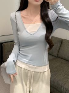 Slim Fit V-Neck Long Sleeve T-Shirt Womens Short Style Color Block Base Layer Top Spring 2024 Fashion Casual Cotton Blend