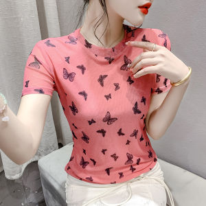 Yimei phong cách châu âu áo thun ngắn tay in giảm tuổi cho nữ áo lưới nơ đa năng dáng ôm mới mùa hè 2024