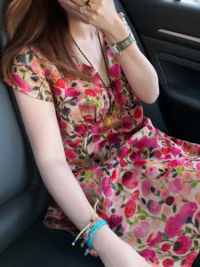 Shalldoer | French Luxurious Floral Print Midi Shirt Short Sleeve Womens Side Slit Casual Style V-neck Design Summer Fashion Top