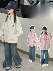 MPW | Girls Spring Autumn Fashionable Two-Piece Set Collared Sweatshirt Denim Pants Comfortable Breathable Moisture-Wicking Cotton Polyester Blend