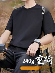 ROMON | Lormen Mens Pure Cotton Short Sleeve T-shirt Summer Thin Round Neck Heavyweight 240g Black Base Shirt Mens Upper Apparel