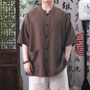 Loose Fit Short Sleeve Mens Shirt Summer Linen Tang Suit New Chinese Style Cotton Linen Thin Stand Collar Fashion Urban Wear