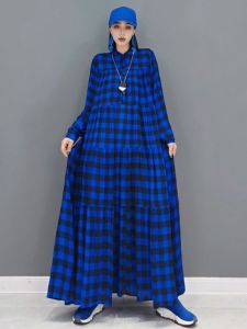 XITAO Plaid Pleated Pullover Dress Women  Personality Loose Half High Collar Full Sleeve Dress GWJ0734
