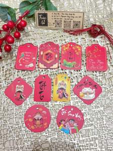 50 Tag treo Năm Mới mẫu Mèo Thần Tài Lân Tết Như Ý... tặng dây đỏ treo tag