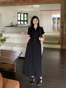 ชุดเดรสยาวทรงเอเอวสูง กระโปรงทรงเอ ชุดเดรสฤดูร้อนสีดำ ดีไซน์ซิป สไตล์ฮ่องกง แขนกุด คอวี ปกโปโล ชุดเดรสยาวคลุมเข่า