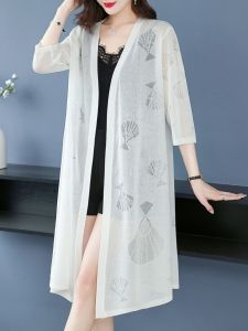 ผ้าคลุมไหล่ไหมน้ำแข็งฤดูร้อน ผ้าถักไหมน้ำแข็งบางๆ สำหรับผู้หญิง แขนยาว คอวี สีพื้น คลุมไหล่แบบยาวปานกลาง เสื้อคลุมคาร์ดิแกน