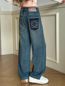 กางเกงขายาวทรงหลวมเอวสูงผ้าเดนิมสำหรับเด็กผู้หญิง ฤดูใบไม้ผลิและฤดูใบไม้ร่วง กางเกงขายาวลำลองสำหรับเด็กผู้หญิง แฟชั่นฤดูใบไม้ร่วง