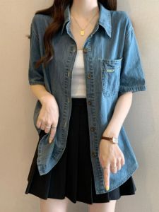 Vintage Hong Kong Style Blue Denim Short Sleeve Shirt Large Size Slimming Cover Belly High Sense