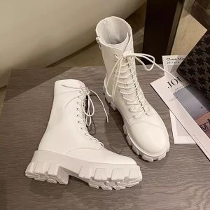 British Style Martin Boots Womens Thick Bottom Heightening Versatile White Mid-Calf Motorcycle Short Boots Autumn Winter New Arrival
