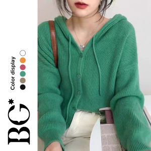 BG World เสื้อคาร์ดิแกนผ้าถักทรงหลวมสไตล์เกาหลีสำหรับผู้หญิง เพลยาม ไหมพรมแขนยาว มีฮู้เสื้อ BGW006