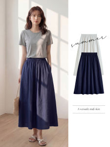 YAYANGREN | Blue High Waist A-Line Linen Cotton Midi Skirt