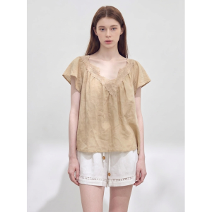 GULILI | Floral Lace V-Neck Flounce Sleeves Ramie Womens Shirt