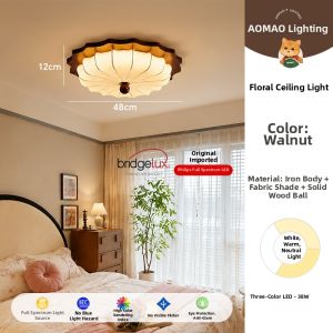AOMAO | French Vintage Walnut Wood Fabric Bedroom Ceiling Light