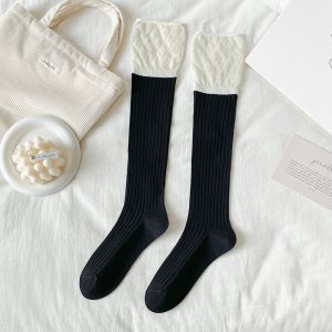 2024 Summer Womens Thin Socks Hold-Ups over the Knee Stockings Black and White Color Matching Knee High British Style Female Student Cotton Socks