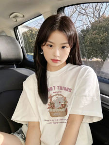 Shandao Limi Cute Rabbit Heavy Weight Pure Cotton Shoulder T-Shirt Girl Loose round Neck All-Matching Short Sleeve Tops Slim Looking