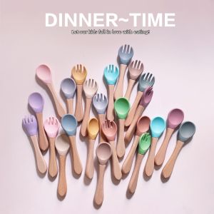 JUZIJIADEKEER | Infant Training Soft Spoon Wooden Handle Durable Silicone Fork and Spoon