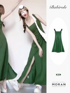 French Retro Green Long Dress for Women Summer Style Waist-length Sleeveless Body Concept Design Midi Skirt Length