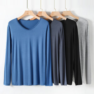 Men Thin Modal Bottoming Shirt Spring & Fall Extra Large Pure Color Inner Wear Long Sleeve T-shirt Loose Pajamas Tops