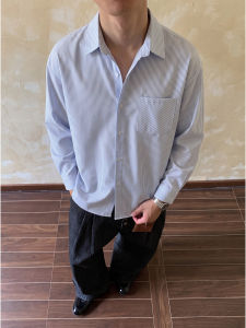 OUMULONG | Sky Blue Striped Long Sleeve Shirt Summer Office Wear Sun Protection Thin Casual