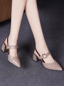 Prodotabury2024 New Arrival Summer Closed Toe Slingback Sandals Womens Leather Chunky Heel High Heels Womens Thin Shoes