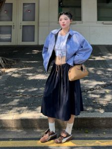 กระโปรงจีบเอวสูงสไตล์เกาหลี กระโปรงทรงเอยาวปานกลางสำหรับผู้หญิง ฤดูใบไม้ร่วง 2024 กระโปรงทรงเอเอวสูงทรงสลิมฟิต