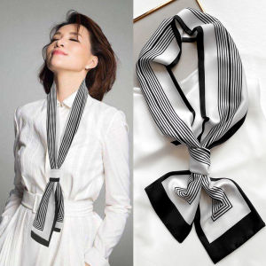 Black White Striped Silk Scarf Womens Long Thin Decorative Neck Scarf Spring Autumn Versatile Bag Tying Ribbon Fashion Accessory