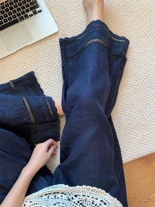 SHENGHUOYA | High Waist Slim Fit Versatile Dark Blue Lace Insertion Summer Lightweight Trousers